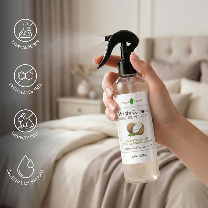 Virgin Coconut Linen and Room Spray, Natural Aromatic Mist Made with Pure Virgin Coconut Oil, Relax Your Body & Mind, Perfect as a Bathroom Air Freshener Odor Eliminator
