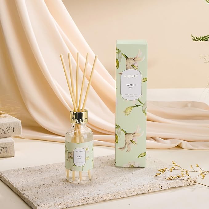 Airkeep Reed Diffuser Oil Set with Reed Sticks,Jasmine Lily Aromatherapy Oil Scent Diffuser for Home Office Bathroom Decoration Perfume and Gifts 3.38 oz/100ml