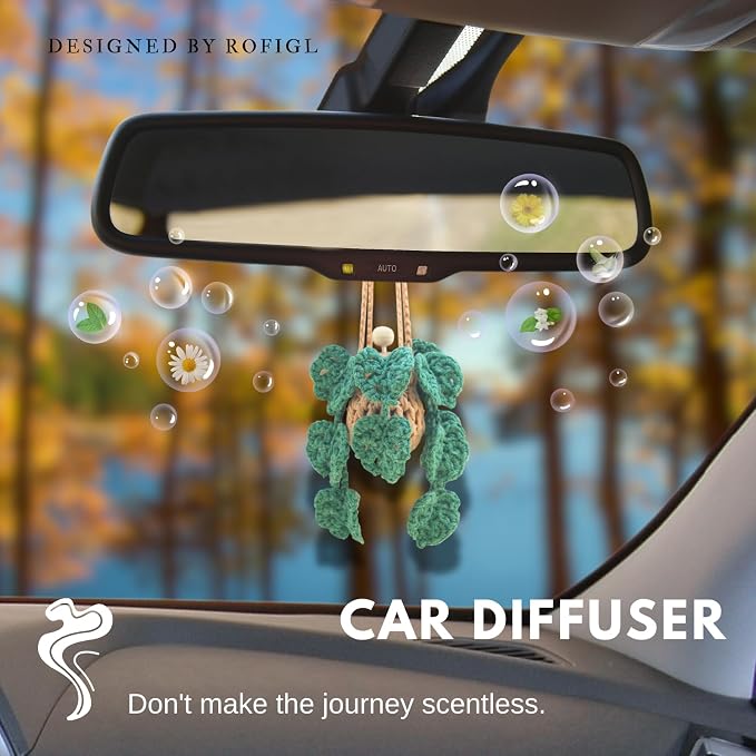 Cute Crochet Car Plant Monstera Essential Oil Diffuser Bottle - 12ml Refillable, Green Car Accessory for Mirror Decor and Home Decor