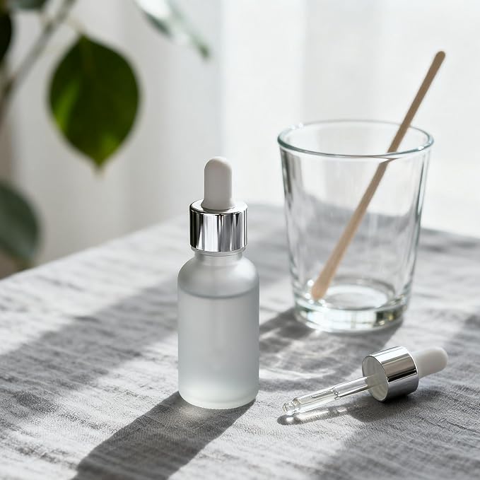 PrettyCare 24 pcs，Eye Dropper Bottle 0.5 oz（ 15 ml Frosted Glass Bottles with Silver Caps, 2 Extra Measured Pipettes, 48 Labels, 2 Funnels Empty Tincture Bottles for Essential Oils