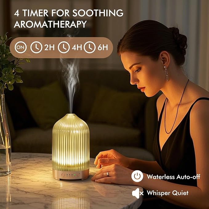 Essential Oil Diffuser for Home- 200ml Aromatherapy Diffuser for Essential Oils with 4 Timer, 7 Color LED Lights Waterless Auto Shut-Off for Home Office Décor Gifts for Women