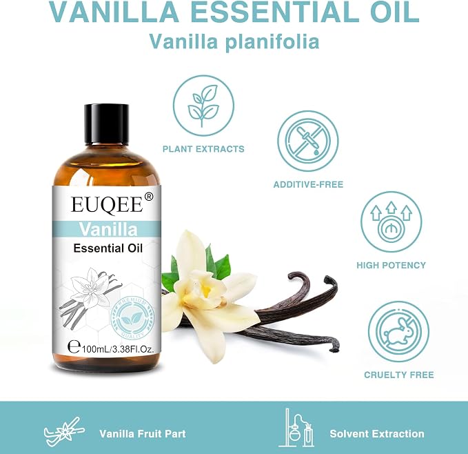 EUQEE Vanilla Essential Oil 100ML, Pure Natural Vanilla Oil for Diffuser Aromatherapy, Candle Soap Making, Massage, DIY Fragrance, Skin & Hair Care - 3.38 Fl Oz