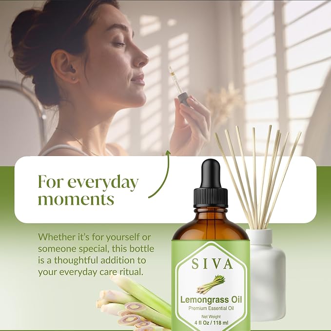 Siva Lemongrass Essential Oil 4 Fl Oz – for Diffuser, Skin & Hair Care – Ideal for Aromatherapy, Massage & DIY Blends- with Dropper