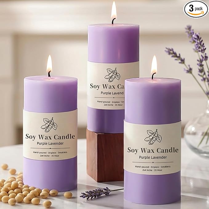 Lavender Scented Soy Pillar Candles Set of 3, Purple Aromatherapy Candles for Home, 105 Hours Clean Burning Long Lasting for Bathroom Living Room,2x4 inch