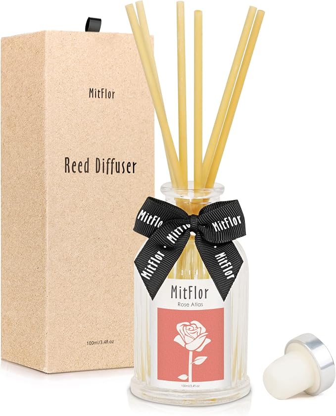 Reed Diffuser, MitFlor Rose Atlas Fragrance Diffuser Set with Natural Rattan Sticks, Romantic Floral Scent Diffuser for Living Room, Bedroom, Bathroom, Office and More, 3.4 fl oz