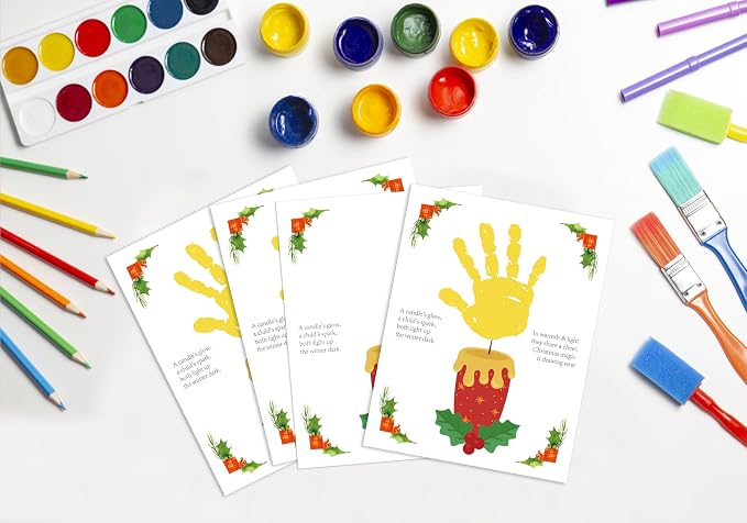 Woukaup 10 Pack Christmas Candle Handprint Art Greeting Cards Bulk, My First Christmas Crafts for Toddlers Preschool Daycare Finger Paint Activity, Handmade Keepsake Gifts for Mom Grandparents