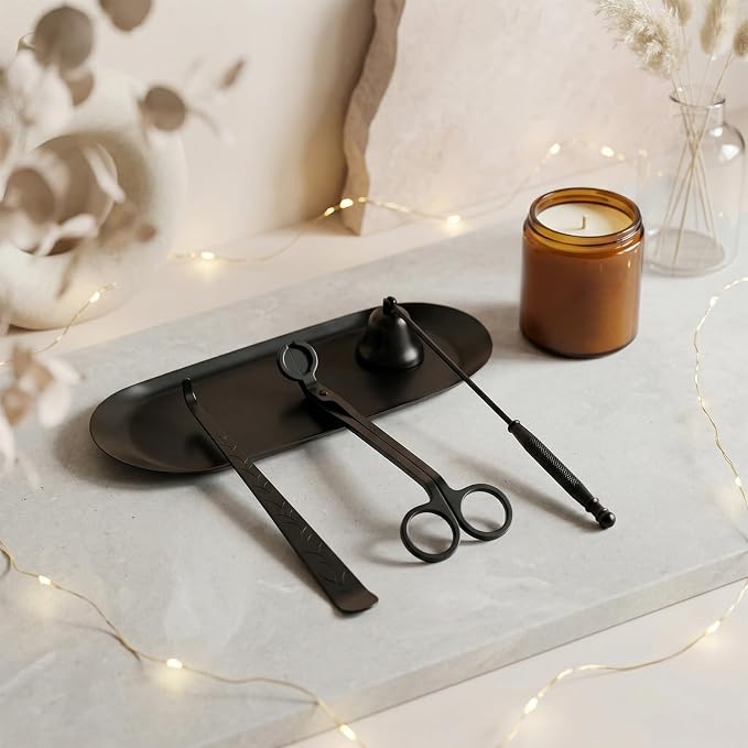 tifanso 4-in-1 Candle Care Kit with Wick Trimmer Cutter, Extinguisher Snuffer, Dipper and Storage Tray Plate, Stainless Steel Wick Scissors Accessories with Gift Package for Candle Lovers (Black)