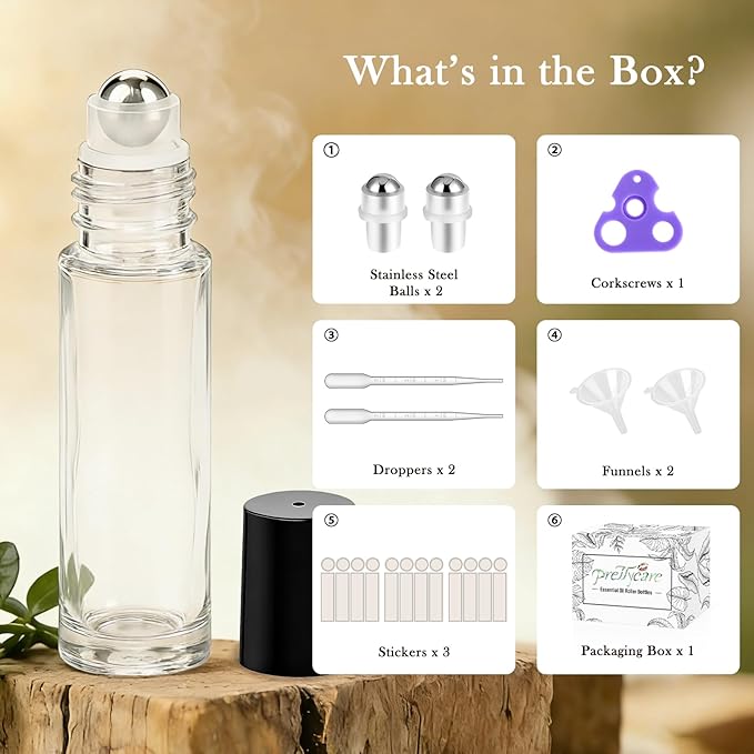 PrettyCare 12 Pack, 10 ml Essential Oil Roller Bottles with Stainless Steel Roller Ball - Refillable Leak-proof Empty Thick Clear Glass Roll on Bottles with Black Caps for Travel, Perfume
