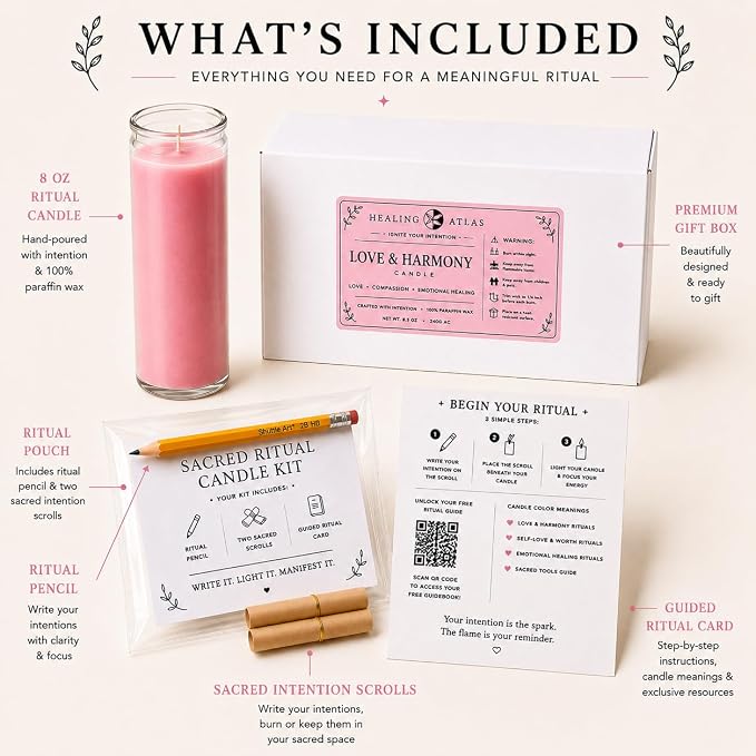 Pink Love Manifestation Candle Kit – 8" Ritual Prayer Candle with Intention Scrolls, Pencil & QR Guide, Self-Love, Harmony & Relationships