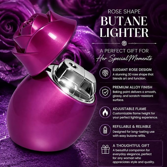 Rose Shaped Torch Lighter, Pink, Refillable Butane Lighter with Adjustable Flame,Windproof Jet,Funny Cool Lighters,Adjustable Jet Flame Torch, Candle Camping(Without Gas)
