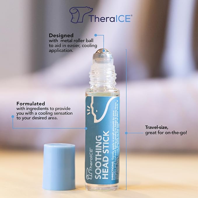 TheraICE Soothing Head Stick 10 ml (.33-Oz) Essential Oil Roll on Aromatherapy for Fast Cooling Comfort: Peppermint, Spearmint, Lavender, Chamomile, Rosemary, Eucalyptus. Metal Roller. USA Made