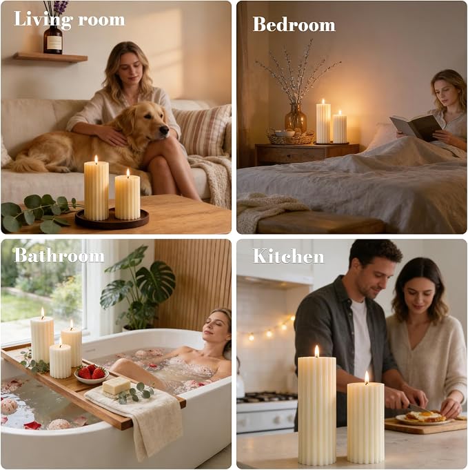 6 Pack Ribbed Ivory Pillar Candles, Cashmere Amber Scented Natural Soy Wax Candle, 532 H Long Burning Soy Candles, 2.8x4/6/8 inch Large Pillar Candles Gift Set for Home, Relaxation, Mantle