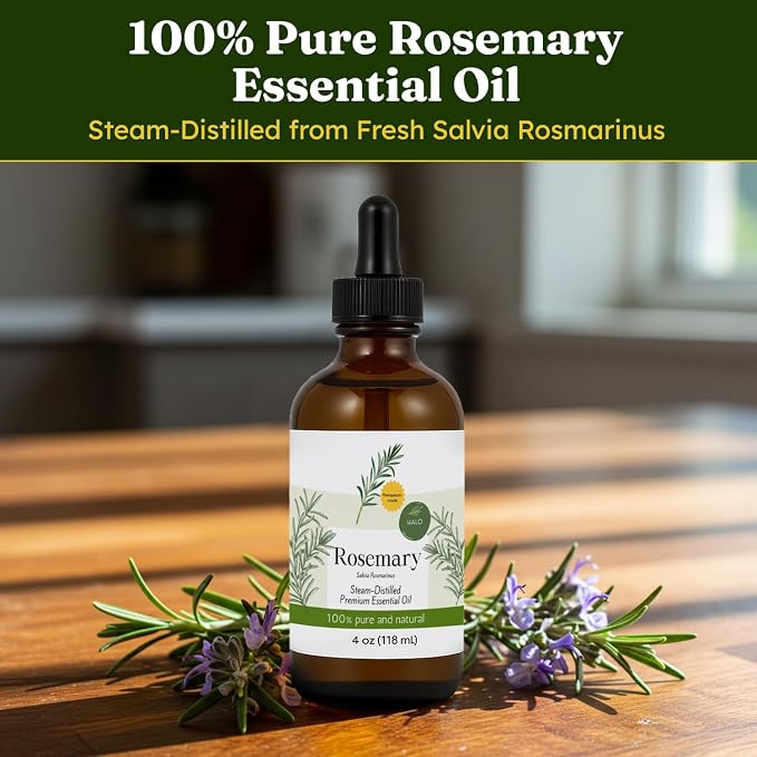 Steam Distilled Rosemary Essential Oil - Premium Hair Growth Oil for Scalp Stimulation & Refreshing Aroma - Essential Oil Supports Healthy Hair, Skin & Mental Clarity - 4oz