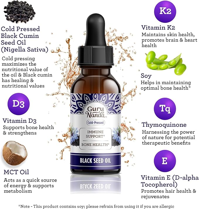 GuruNanda Black Seed Oil, Cold-Pressed Nigella Sativa - Rich in Vitamin D3 5000 Units, K2 & E, High Thymoquinone | Potent Antioxidant for Immune Support, Non-GMO, 2 Fl.oz (Pack of 3)