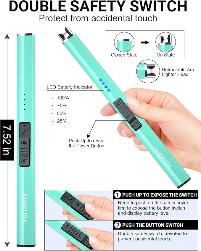 FUKKUDA Electric Candle Lighter with Safety Switch - USB Rechargeable Windproof & Flameless Plasma Arc Lighter for Easter Basket Stuffers (Tiffany Blue)