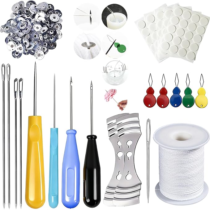 Candle Wick Needle Kit Candle Wick Inserting Tool Mold Punch Needle with Hook & Eye, Large-Eye Needle for Candle Silicone Molds,Candle Wick Roll 200 Ft 24 Wick Spool,Threader,Wick Holders