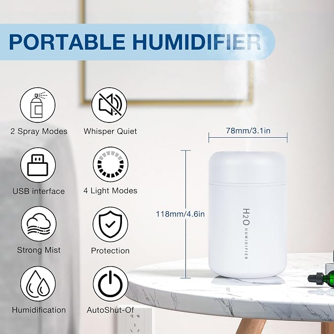 Portable Mini Humidifier, 300ml USB Cool Mist Small Humidifier with Colorful Lights. Perfect for Bedroom, Office, Plants, travel & Car (White)