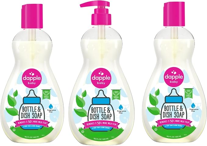 Dapple Baby Fragrance Free Bottle & Dish Soap - (3 Pack) 16.9 fl oz - Cleans Baby Bottles, Sippy Cups, Pacifiers, Breast Pumps, & More - Gently Removes Milk Film & Odors - Includes 1 Pump