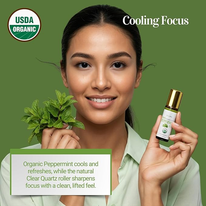BodyJ4You Rosemary + Peppermint Essential Oil Roll On Duo - Pure 100% USDA Organic MCT Coconut Oil - Amethyst and Clear Quartz Stone Rollers - Scalp Care Focus Cooling Temples Neck Roots - Amber Glass