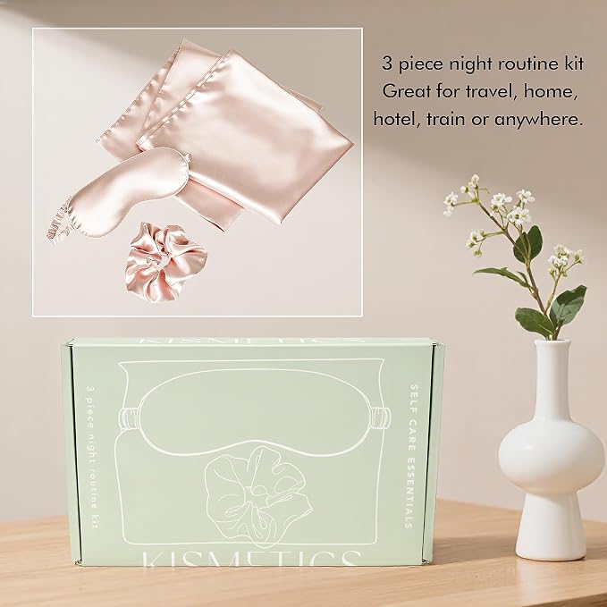 Vegan Silk Sleep Set – Satin Pillowcase, Eye Mask & Large Scrunchie for Hair and Skin – Frizz Free Beauty Sleep & Self Care Night Routine – Light Pink