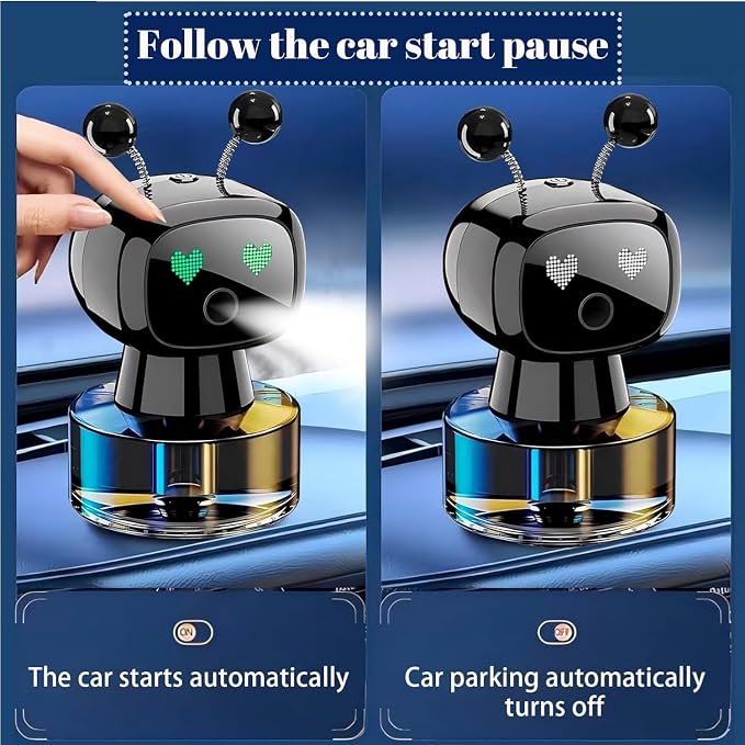 Robot Intelligent Aromatherapy Machine, Smart Cute Robot Car Air Freshener - Fine Spray/Fillable/Four-Gear Adjustment/Vibration Sensing/On-Off/Large Capacity Long-Lasting Fragrance/Black-V2(Cologne)