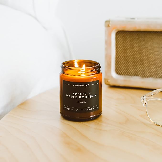Calyan Wax Co. Apples & Maple Bourbon Scented Candle - 57 Hour Burn - Luxury Clean Soy Wax Candles - Long Lasting Amber Glass Jar Candle for Home - 7.2oz