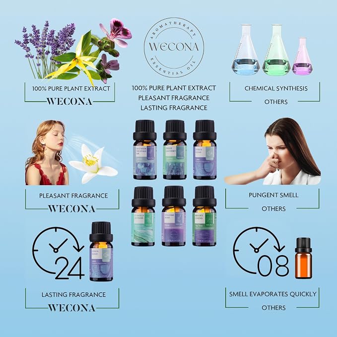 Wecona Essential Oils for Laundry - 100% Pure Essential Oils for Diffusers for Home,6x10ml(Clean)- Aromatherapy Oils for Soap,Candle Making,Humidifiers,Dryer Balls