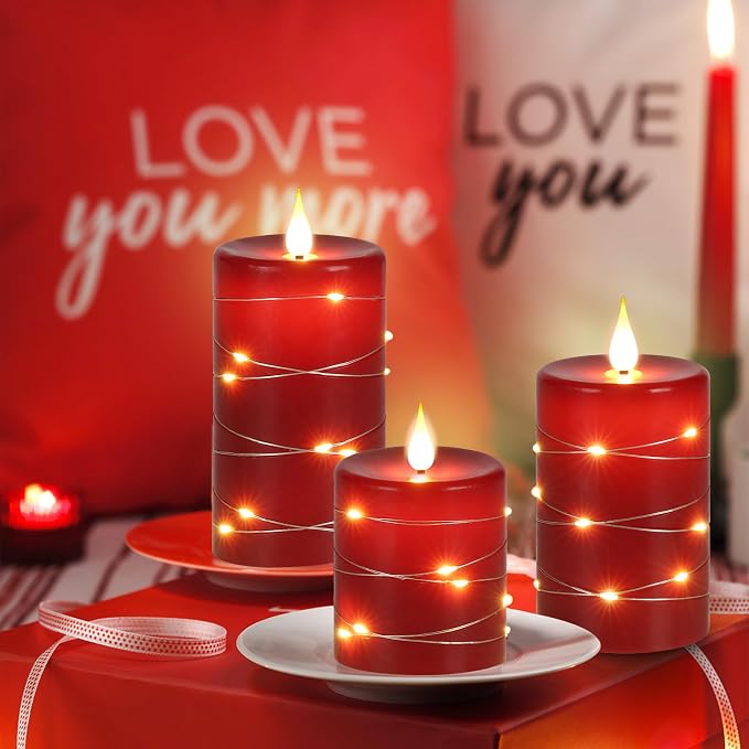 Upinmz Red Flameless Candle with Remote Control and Timer,Flickering Battery Operated Candles with String Lights,LED Pillar Candles,Set of 3