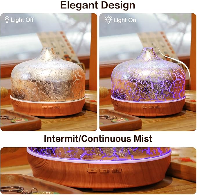 Porseme 500ml Glass Essential Oil Diffuser Aromatherapy Ultrasonic Cool Mist Humidifier 15-21 Running Hours Waterless Auto-Off Air Diffusers for Sleeping Yoga Working Spa(Silver Plated)