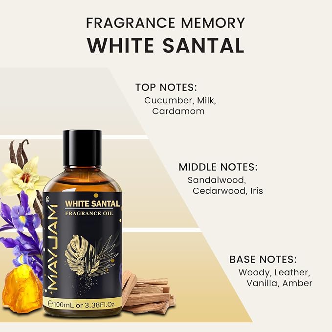 White Santal Fragrance Oil Essential Oil, MAYJAM 3.38FL.OZ White Santal Oil for Diffusers for Home, Long Lasting Scented Oils for Soap Candle Making - 100ML