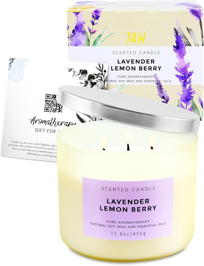 Lavender Lemon Berry Scented Candle | 3-Wick Large Soy Candle 15.8 oz | Highly Scented Aromatherapy Lavender Candle for Women | Calming Floral Lemon Home Scent | Long Lasting Clean Burn