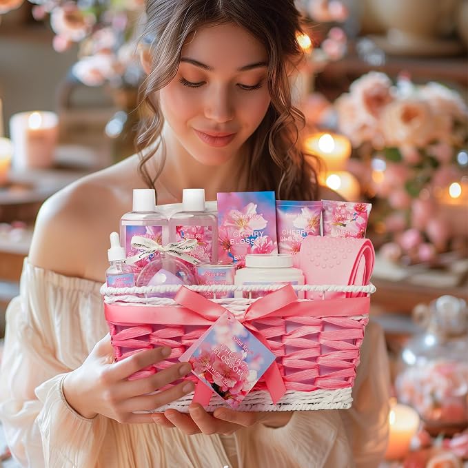 Spa Bath & Body Gift Set for Women, Large Spa Gift Set Basket for Women | Cherry Blossom Bath and Body Gift, spa kit Self Care Pampering Kit, Diffuser, Home Spa, cosmetic Bag, Birthday, Bridal Shower