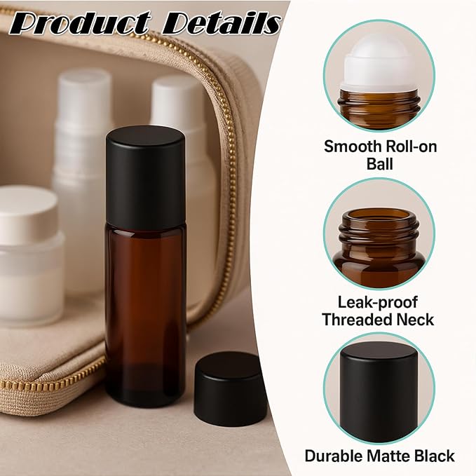4Packs 50ml/1.76Oz Amber Glass Roller Bottles Refillable Roll On Containers with Plastic Roller Ball & Black Cap Leak-Proof Empty Essential Oil Bottles for DIY Perfume, Massage Oil, Aromatherapy