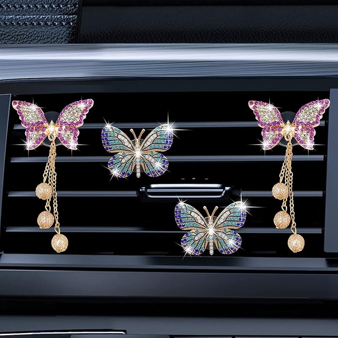 Bling Butterfly Air Vent Clips, 4 Pcs Crystal Pendant Fresheners, Diffuser Diamond Decoration, Cute Interior Decor Accessories for Women