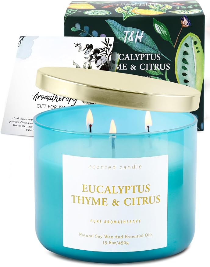 Eucalyptus Thyme Citrus Candle | 3-Wick Large Scented Soy Candle 15.8 oz | Aromatherapy Stress Relief Candles | Relaxing Herbal Spa Scent | Long Lasting Clean Burn