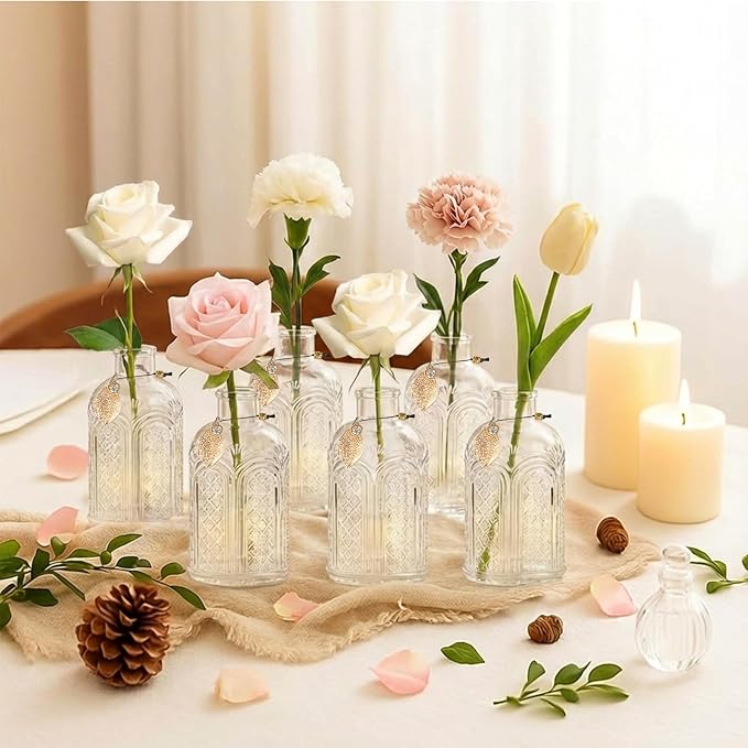 Glass Reed Diffusers Bottles for Home, Diffuser Bottles with 40PCS Reed Diffuser Sticks, Vintage Embossed Apothecary Style Flower Bud Vases with Cork Lids, Set of 6