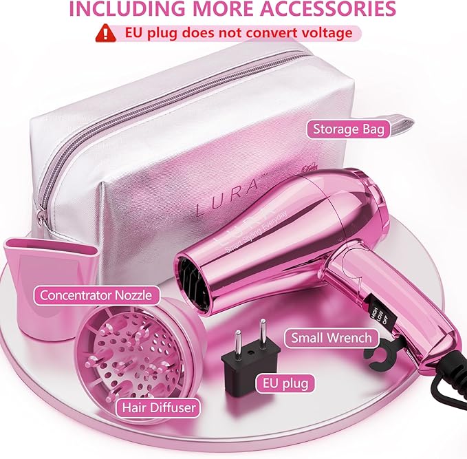 LURA Mini Portable Travel Hair Dryer:Dual Voltage Small Lightweight Blow Dryer with EU Plug,1200W Compact Hairdryer with Folding Handle,with Concentrator&Diffuser Attachment,for Women and Men
