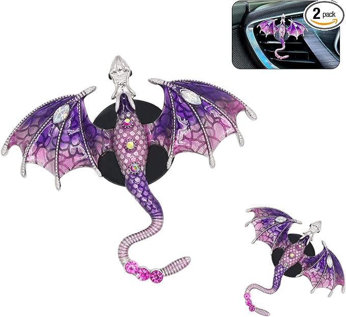 ORIESSE Bling Wyvern Car Air Freshener Vent Clips,2pcs Alloy Purple Enamel Dragon Vent Clips Car Accessories,Refillable Car Diffuser with Felt Mads,Coffee Fragrance Tablets
