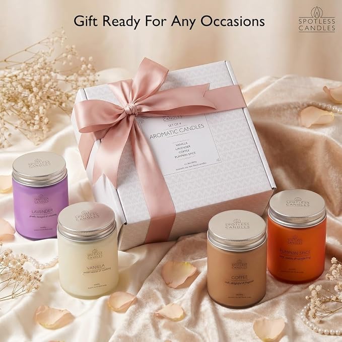 Classic Candle Gift Set; 4 x 8oz Scented Candles in Frosted Glass Jars; Coffee, Vanilla, Lavender, Pumpkin Spice; 200 Hours Burn Time; Gifts Set for Women; Premium Gift Box by Spotless Candles