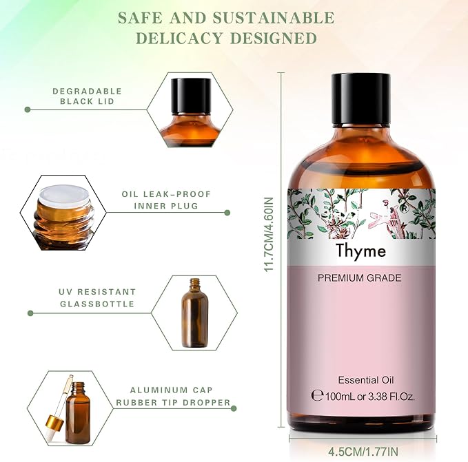 Thyme 3.38fl.oz Essential Oil, PHATOIL Aromatherapy Essential Oils for Diffuser, Humidifier, Perfect for DIY Soap, Candle, Bath Bombs Making(100ml)