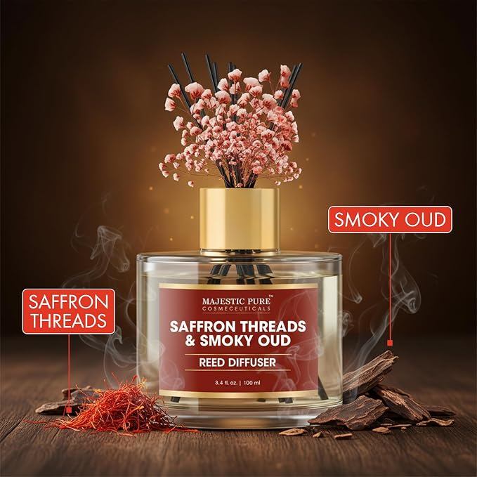 Majestic Pure Saffron & Oud Reed Diffuser, 3.4 fl oz | Long Lasting Oriental Fragrance for Home & Office