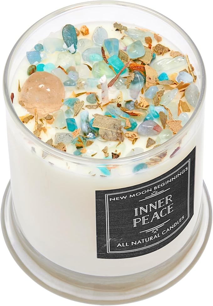Inner Peace Candle by New Moon Beginnings - Dried Flower, Herb, & Crystal Candles - Soy Candle - All Natural Aromatherapy Candle - All Natural - 12 oz Glass Jar