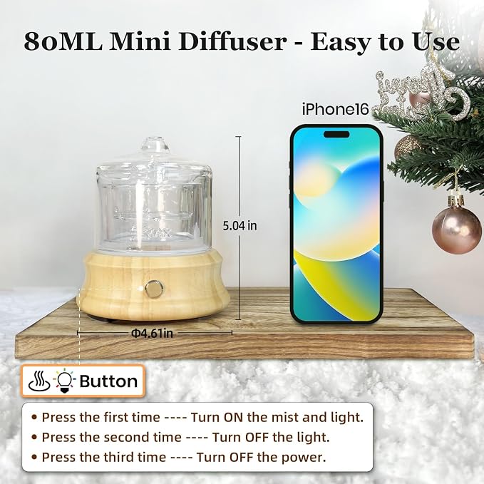 Lecdura 80ML Glass Essential Oil Diffuser with Glass Reservoir & Wood Base, Small Ultrasonic Aroma Diffusers with Auto-Off 7 Color for Home Office Bedroom Yoga