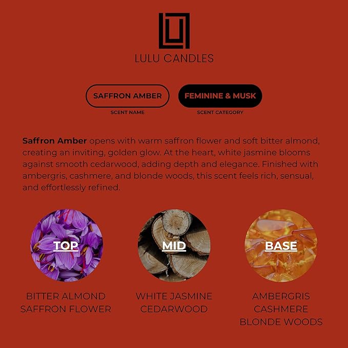 Lulu Candles | Saffron & Amber | Notes: Jasmine, Saffron, Cedar, & Amber | Smells Woody & Floral | Luxury Scented Soy Jar Candle | Hand Poured in The USA | Highly Scented Long Lasting (9 Oz.)