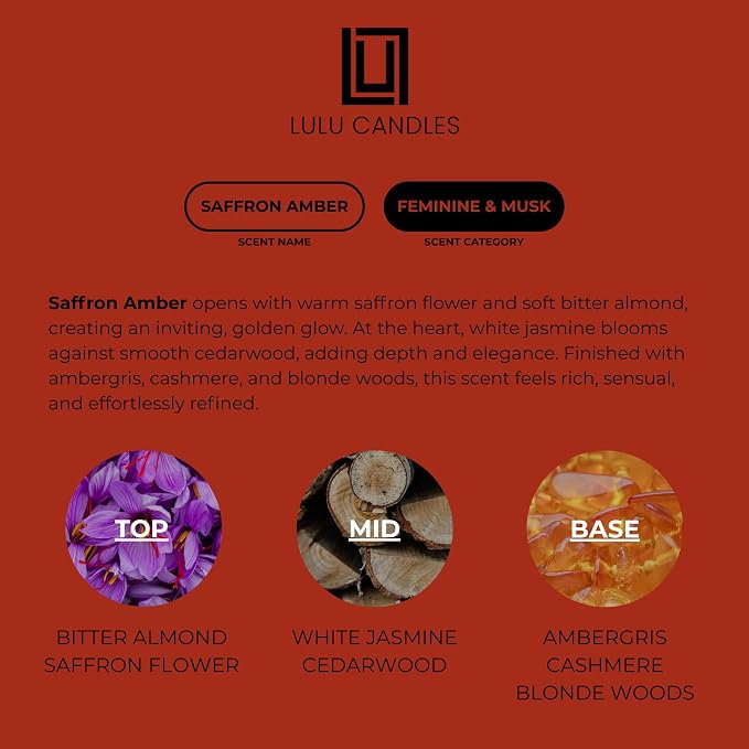 Lulu Candles | Saffron & Amber Scented Candle | Jasmine, Saffron, Cedar & Amber Fragrance | Luxury Soy Blend Jar Candle | Highly Scented, Long Lasting Burn | Home Fragrance (6 Oz.)