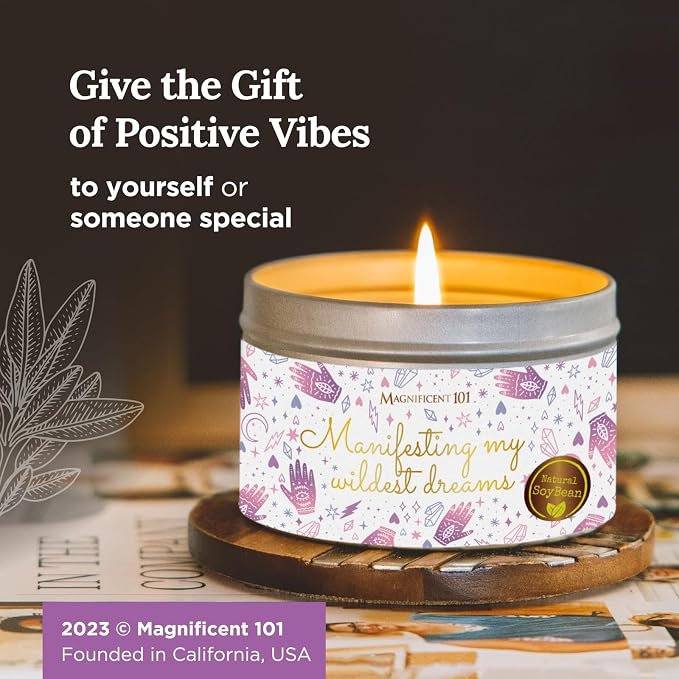 MAGNIFICENT 101 Affirmation Massage Candle - 6 Oz White Tin - Soy Candle Aromatherapy Meditation with Sage & Palo Santo Scent for Healing & Abundance - Manifesting My Wildest Dreams