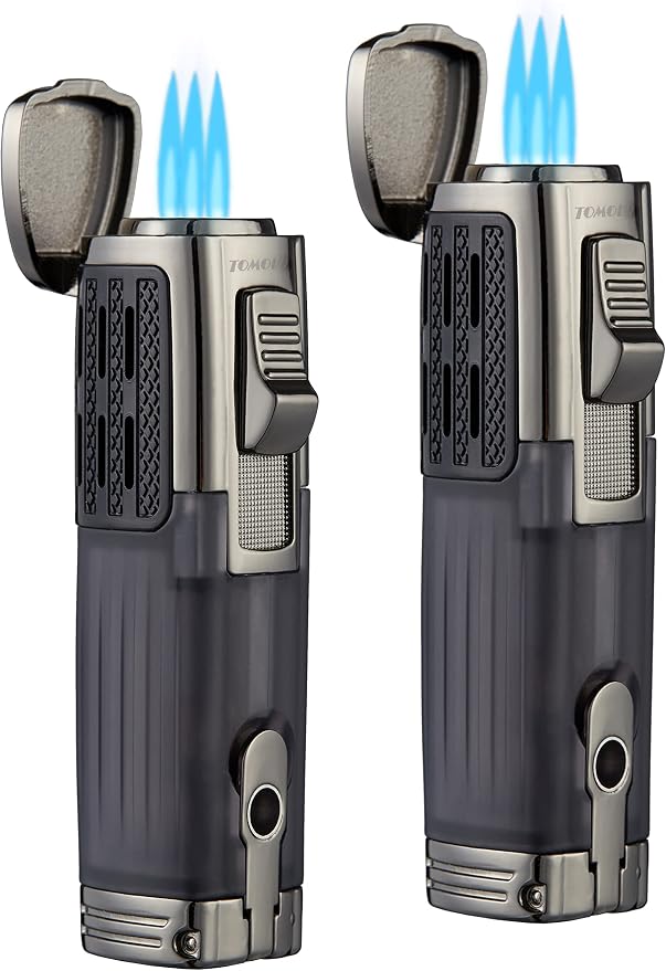 TOMOLO Cigar Lighter Triple Jet Flame Torch Lighter Refillable Butane Lighter with Cigar Punch, 2 Pack, Charcoal