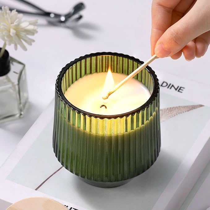 simeitol 13 OZ Candle Jar for Making Candles - 6 Pack Green Candle Jars, Ribbed Glass Candle Jars Bulk, with Bamboo Lids and Candle Wick Kit, Candle Making Kit for Making Candle Containers