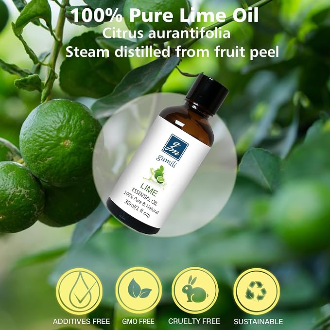 GM Gumili Lime Essential Oil 1 oz, 100% Pure & Undiluted Lime Oil for Diffuser, Skin & DIY, Natural Citrus Oils