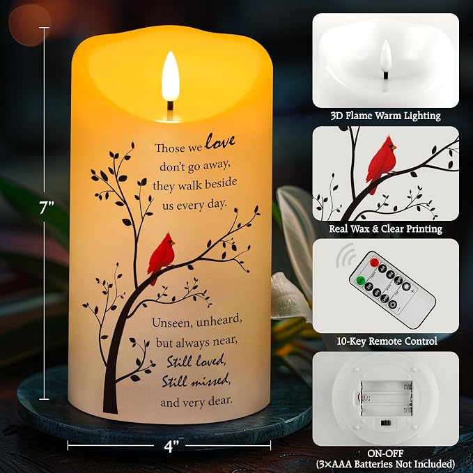 Flameless Memorial Candle, Real Wax LED Light with Remote Sympathy Gifts for Loss of Loved One, Mother, Father - Remembrance Gift (4" x 7")